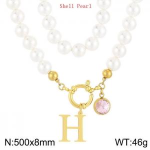 Shell Pearl Necklace with Stainless Steel Name Letter Pendant - KN239172-Z