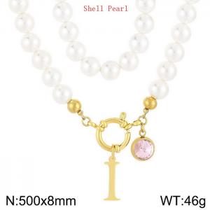 Shell Pearl Necklace with Stainless Steel Name Letter Pendant - KN239173-Z