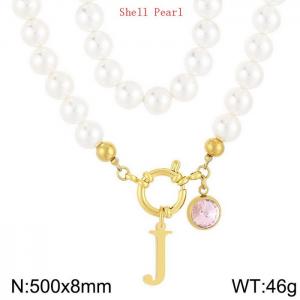 Shell Pearl Necklace with Stainless Steel Name Letter Pendant - KN239174-Z