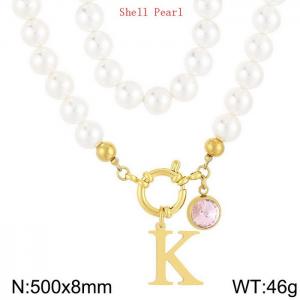 Shell Pearl Necklace with Stainless Steel Name Letter Pendant - KN239175-Z