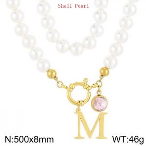 Shell Pearl Necklace with Stainless Steel Name Letter Pendant - KN239177-Z