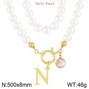 Shell Pearl Necklace with Stainless Steel Name Letter Pendant - KN239178-Z