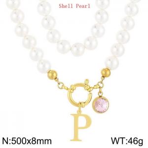 Shell Pearl Necklace with Stainless Steel Name Letter Pendant - KN239180-Z