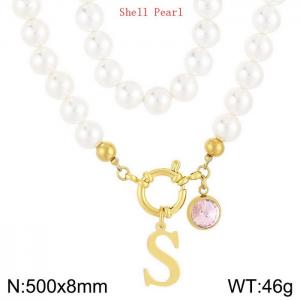 Shell Pearl Necklace with Stainless Steel Name Letter Pendant - KN239183-Z