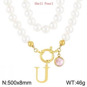 Shell Pearl Necklace with Stainless Steel Name Letter Pendant - KN239185-Z