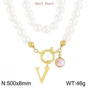 Shell Pearl Necklace with Stainless Steel Name Letter Pendant - KN239186-Z