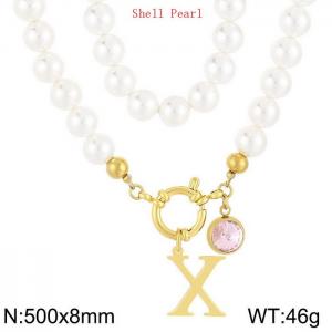 Shell Pearl Necklace with Stainless Steel Name Letter Pendant - KN239188-Z