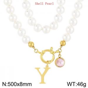 Shell Pearl Necklace with Stainless Steel Name Letter Pendant - KN239189-Z