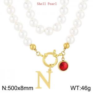 Shell Pearl Necklace with Stainless Steel Name Letter Pendant - KN239204-Z