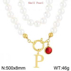 Shell Pearl Necklace with Stainless Steel Name Letter Pendant - KN239206-Z