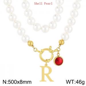 Shell Pearl Necklace with Stainless Steel Name Letter Pendant - KN239208-Z