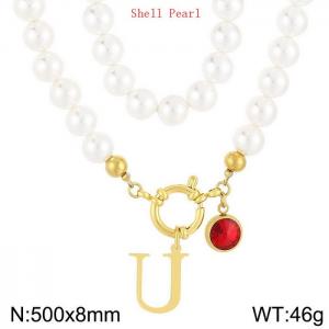 Shell Pearl Necklace with Stainless Steel Name Letter Pendant - KN239211-Z