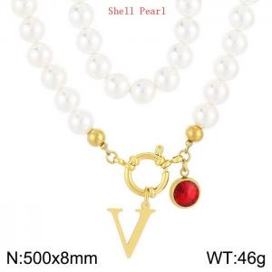 Shell Pearl Necklace with Stainless Steel Name Letter Pendant - KN239212-Z