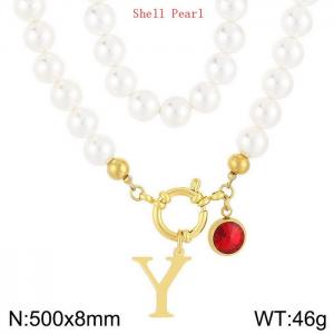 Shell Pearl Necklace with Stainless Steel Name Letter Pendant - KN239215-Z