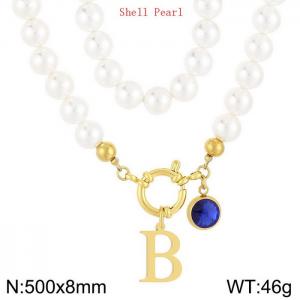 Shell Pearl Necklace with Stainless Steel Name Letter Pendant - KN239218-Z