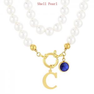 Shell Pearl Necklace with Stainless Steel Name Letter Pendant - KN239219-Z