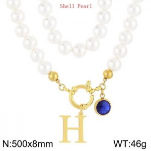 Shell Pearl Necklace with Stainless Steel Name Letter Pendant - KN239224-Z