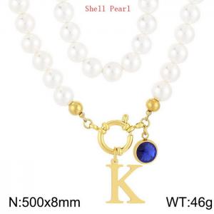 Shell Pearl Necklace with Stainless Steel Name Letter Pendant - KN239227-Z