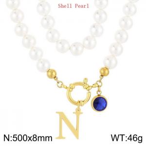 Shell Pearl Necklace with Stainless Steel Name Letter Pendant - KN239230-Z