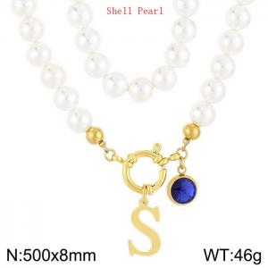 Shell Pearl Necklace with Stainless Steel Name Letter Pendant - KN239235-Z