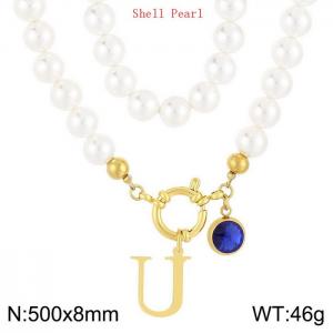 Shell Pearl Necklace with Stainless Steel Name Letter Pendant - KN239237-Z