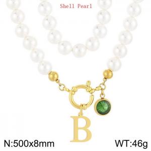 Shell Pearl Necklace with Stainless Steel Name Letter Pendant - KN239244-Z