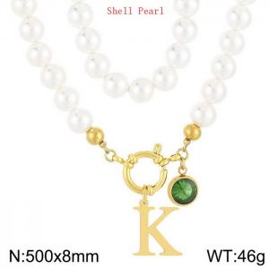 Shell Pearl Necklace with Stainless Steel Name Letter Pendant - KN239253-Z