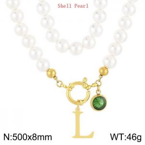 Shell Pearl Necklace with Stainless Steel Name Letter Pendant - KN239254-Z