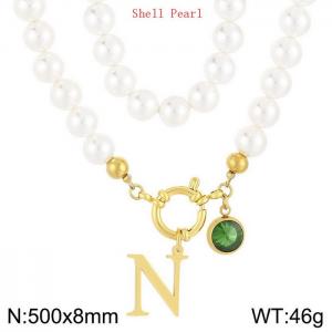 Shell Pearl Necklace with Stainless Steel Name Letter Pendant - KN239256-Z