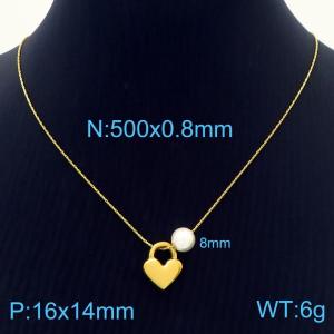 Fashion stainless steel 500 × 0.8mm Fine Chain Hanging Heart shaped Pendant Pearl Charm Gold Necklace - KN239280-ZC