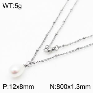 Beads Chain With Peal Charm Pendant Women Stainless Steel Long Necklaces Silver Color - KN239380-K
