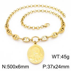 500mm Women Gold-Plated Stainless Steel Double-Style Chain Necklace with Virgin Mary Tag Pendant - KN250114-Z
