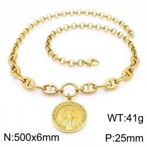 500mm Women Gold-Plated Stainless Steel Double-Style Chain Necklace with Christian Goddess Tag Pendant - KN250116-Z