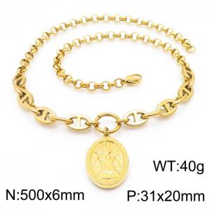 500mm Women Gold-Plated Stainless Steel Double-Style Chain Necklace with Christian Scene Tag Pendant - KN250118-Z