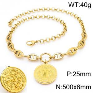 500mm Women Gold-Plated Stainless Steel Double-Style Chain Necklace with Christian Saint&Cross Tag Pendant - KN250120-Z