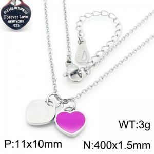 Stainless steel simple and fashionable C-shaped open silver necklace with silver and deep pink heart shaped pendants hanging in the middle - KN250158-KLX