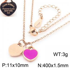 Stainless steel simple and fashionable C-shaped open rose gold necklace with rose and deep pink heart shaped pendants hanging in the middle - KN250159-KLX