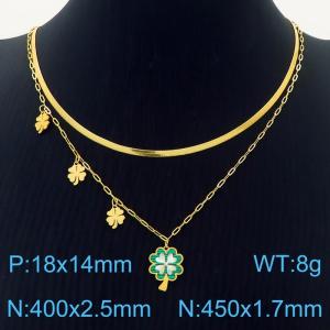 Green Lucky Straw Charm Pendant Double Layers Necklace For Women Stainless Steel Necklace Gold Color - KN250185-HM