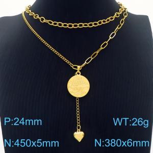 European and American retro disc pendant with tassel stainless steel double layer collarbone chain - KN250352-SY