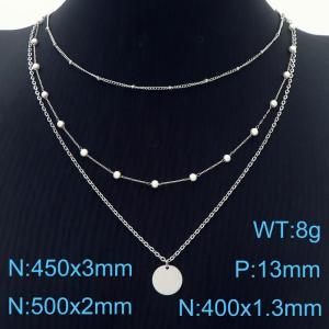 European and American fashion stainless steel three-layer mixed chain hanging circular pendant versatile silver necklace - KN250387-Z