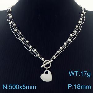 European and American fashion stainless steel three-layer mixed chain OT buckle hanging heart-shaped pendant versatile silver necklace - KN250396-Z