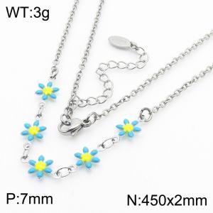 Fashion stainless steel 450 × 2mm blue double-sided adhesive drop small daisy petal splicing O-shaped chain for women's charm silver necklace - KN250836-Z