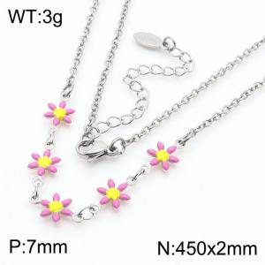Fashion stainless steel 450 × 2mm pink double-sided adhesive drop small daisy petal splicing O-shaped chain for women's charm silver necklace - KN250838-Z