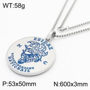 600mm Stainless Steel Box Chain Necklace with Men Punk Blue Laser-Engraving Motorbiker Disc Pendant - KN251318-KFC