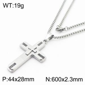 Double Layer Cross Charm Pendant With 60cm Chain Men Stainless Steel Necklace Silver Color - KN281710-KL