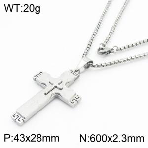 Cross Prayer Charm Pendant With 60cm Chain Men Stainless Steel Necklace Silver Color - KN281713-KL