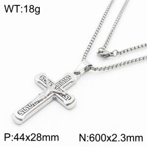 Jesus Cross Charm Pendant With 60cm Chain Men Stainless Steel Necklace Silver Color - KN281715-KL