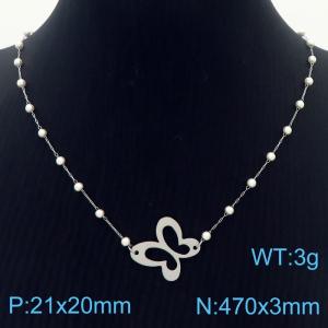 Stainless Steel Beads Necklace Link Chain With White Butterfly Pendant Silver Color - KN281788-Z