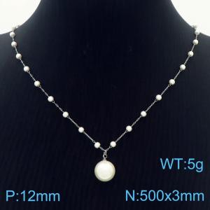 Stainless Steel Beads Necklace Link Chain With White Round Bead Pendant Silver Color - KN281789-Z