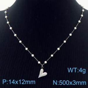 Stainless Steel Beads Necklace Link Chain With Heart Pendant Silver Color - KN281791-Z